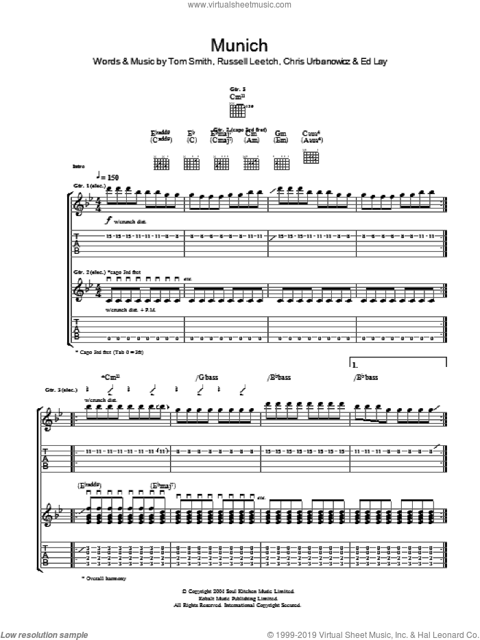 Munich sheet music for guitar (tablature) by Editors, Chris Urbanowicz, Ed Lay, Russell Leetch and Tom Smith, intermediate skill level