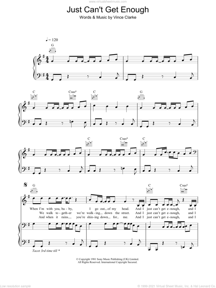 Just Can't Get Enough sheet music for voice, piano or guitar by Depeche Mode and Vince Clarke, intermediate skill level