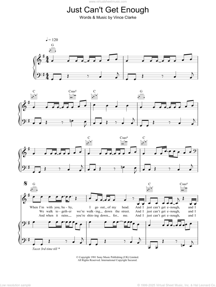 Just Can't Get Enough sheet music for voice, piano or guitar by Depeche Mode and Vince Clarke, intermediate skill level