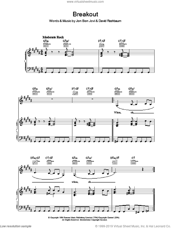 Breakout sheet music for voice, piano or guitar by Bon Jovi and David Rashbaum, intermediate skill level