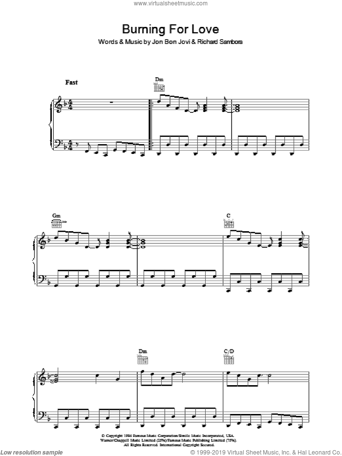 Burning For Love sheet music for voice, piano or guitar by Bon Jovi and Richie Sambora, intermediate skill level