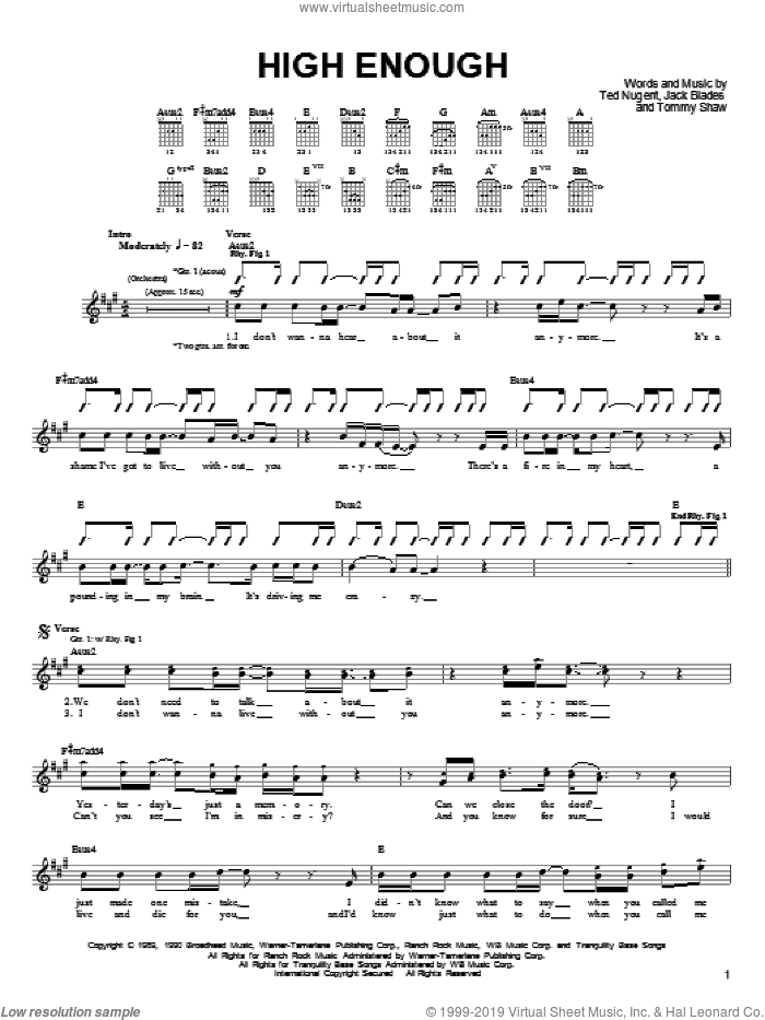 High Enough sheet music for guitar (tablature) by Damn Yankees, Jack Blades, Ted Nugent and Tommy Shaw, intermediate skill level