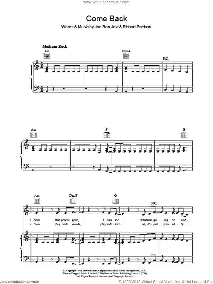 Come Back sheet music for voice, piano or guitar by Bon Jovi and Richie Sambora, intermediate skill level
