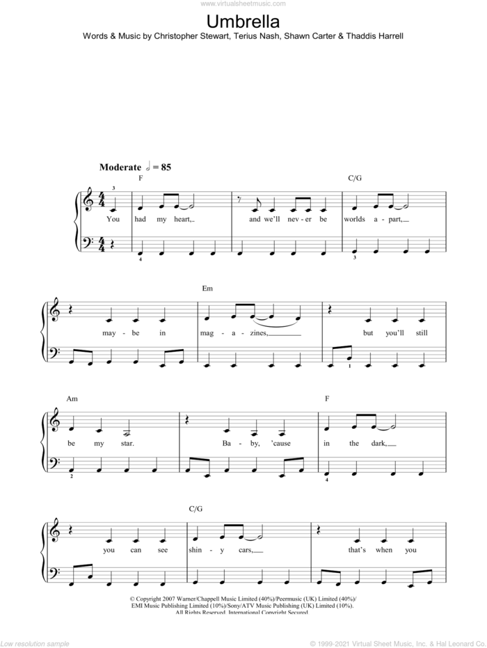 Umbrella sheet music for piano solo by Rihanna featuring Jay-Z, Rihanna, Christopher Stewart, Shawn Carter, Terius Nash and Thaddis Harrell, easy skill level