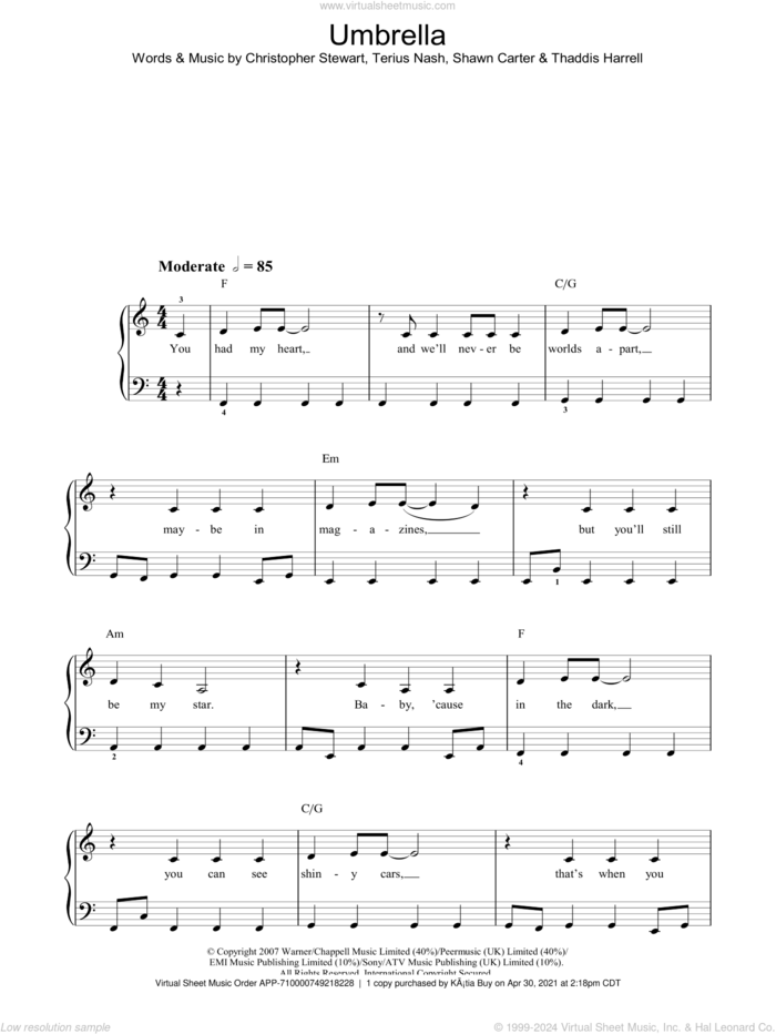 Umbrella sheet music for piano solo by Rihanna featuring Jay-Z, Rihanna, Christopher Stewart, Shawn Carter, Terius Nash and Thaddis Harrell, easy skill level