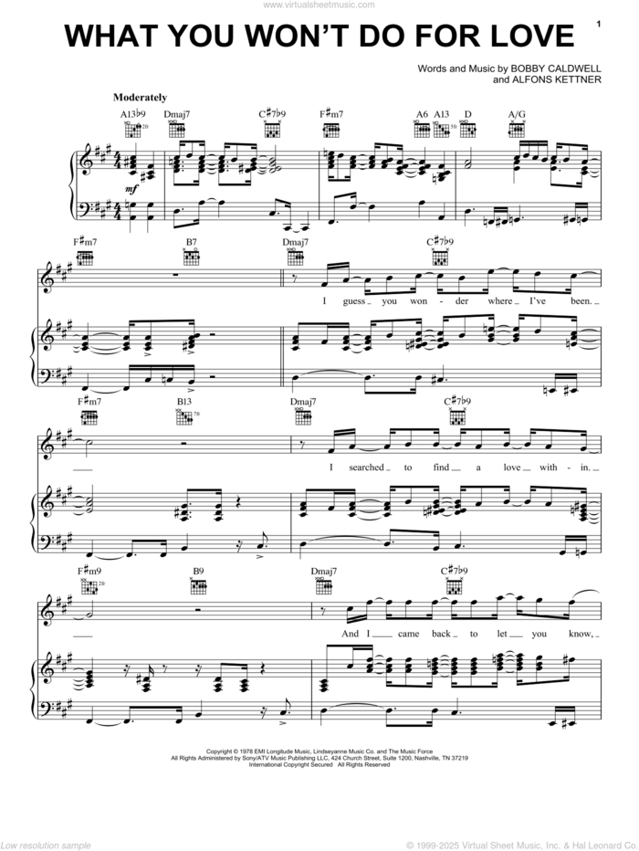 What You Won't Do For Love sheet music for voice, piano or guitar by Bobby Caldwell, Peabo Bryson and Alfons Kettner, intermediate skill level