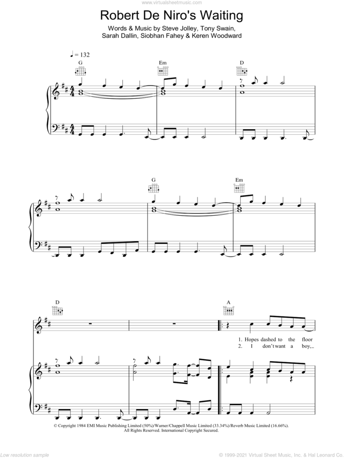 Robert De Niro's Waiting sheet music for voice, piano or guitar by Bananarama, Keren Woodward, Sarah Dallin, Steve Jolley and Tony Swain, intermediate skill level