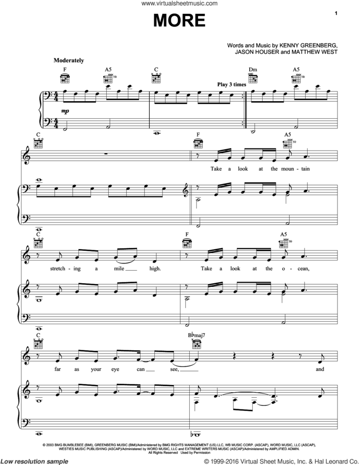 More sheet music for voice, piano or guitar by Matthew West, Jason Houser and Kenny Greenberg, intermediate skill level