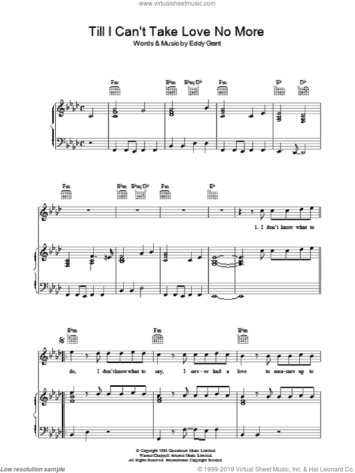 Till I Can't Take Love No More sheet music for voice, piano or guitar by Eddy Grant, intermediate skill level