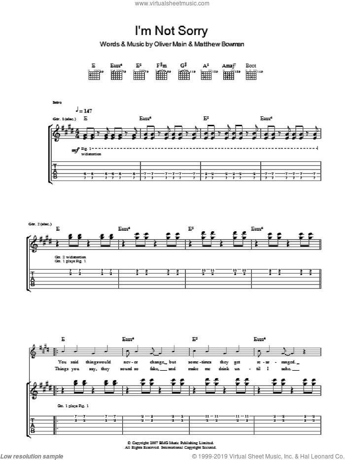 I'm Not Sorry sheet music for guitar (tablature) by The Pigeon Detectives, Matthew Bowman and Oliver Main, intermediate skill level