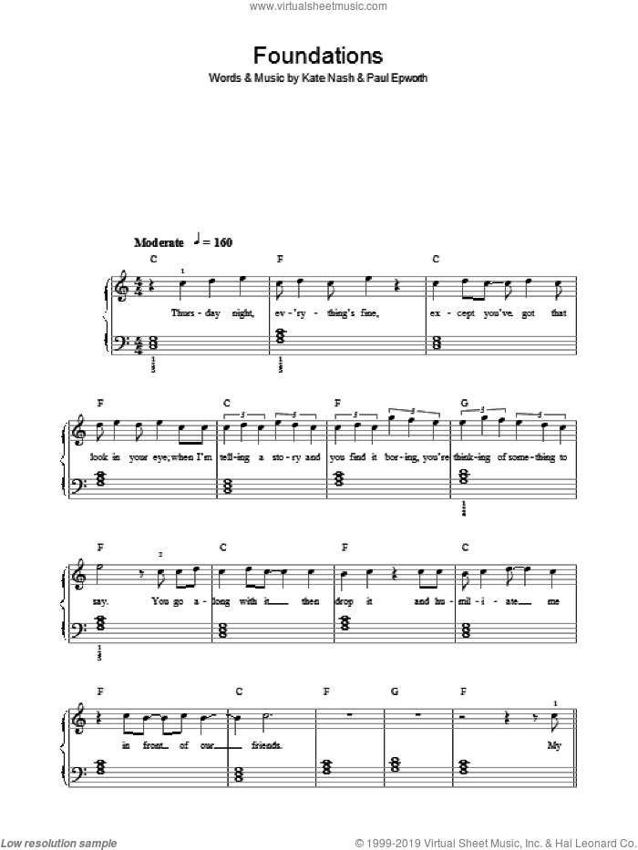 Foundations sheet music for piano solo by Kate Nash and Paul Epworth, easy skill level