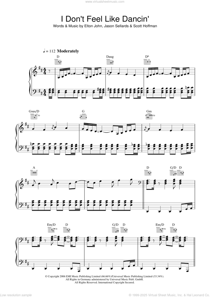 I Don't Feel Like Dancin' sheet music for voice, piano or guitar by Scissor Sisters, Elton John, Jason Sellards and Scott Hoffman, intermediate skill level