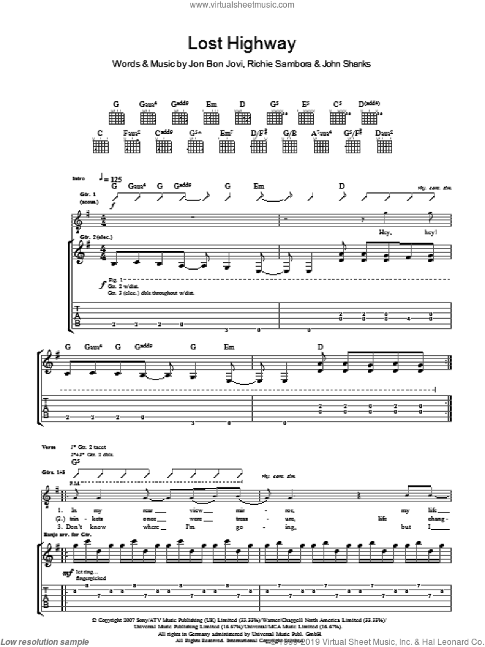 Lost Highway sheet music for guitar (tablature) by Bon Jovi, John Shanks and Richie Sambora, intermediate skill level