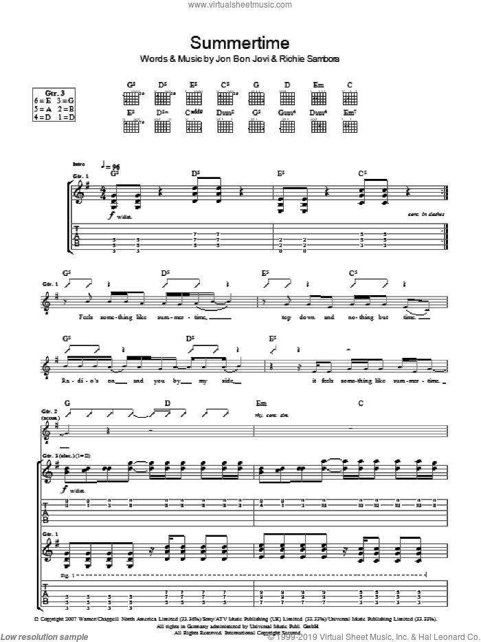 Summertime sheet music for guitar (tablature) by Bon Jovi and Richie Sambora, intermediate skill level