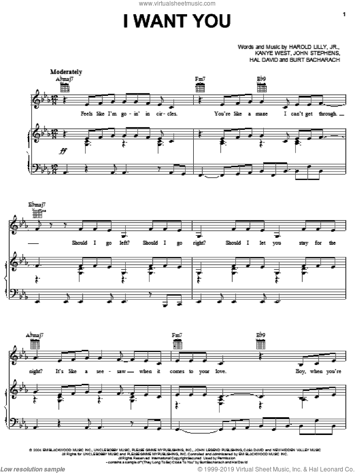 I Want You sheet music for voice, piano or guitar by Janet Jackson, Burt Bacharach, Harold Lilly, Jr. and Kanye West, intermediate skill level