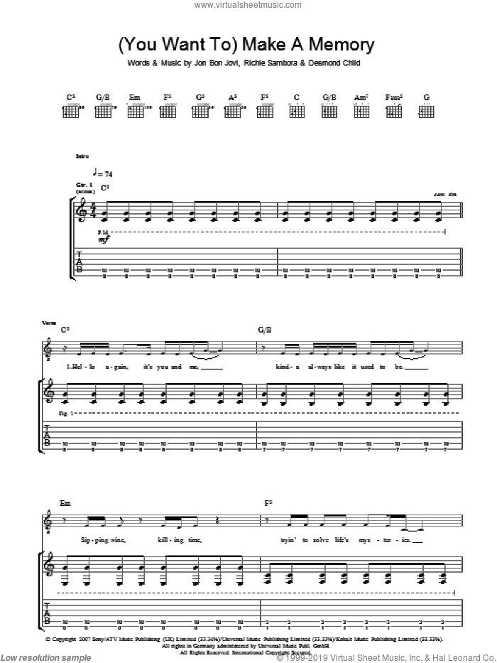(You Want To) Make A Memory sheet music for guitar (tablature) by Bon Jovi, Desmond Child and Richie Sambora, intermediate skill level