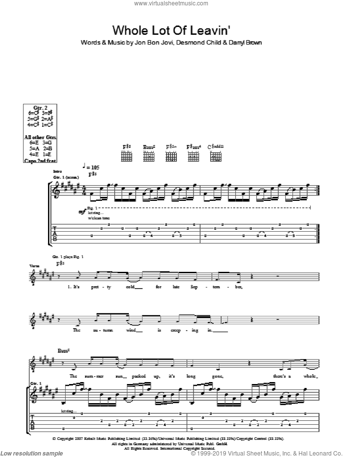 Whole Lot Of Leavin' sheet music for guitar (tablature) by Bon Jovi, Darrell Brown and Desmond Child, intermediate skill level