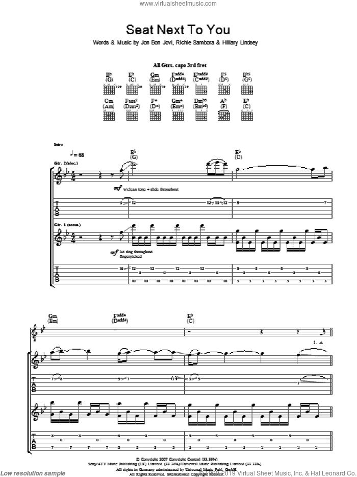 Seat Next To You sheet music for guitar (tablature) by Bon Jovi, Hillary Lindsey and Richie Sambora, intermediate skill level