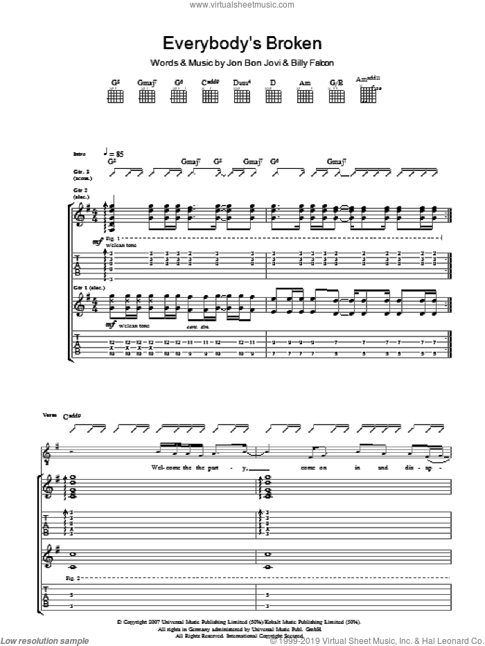 Everybody's Broken sheet music for guitar (tablature) by Bon Jovi and Billy Falcon, intermediate skill level