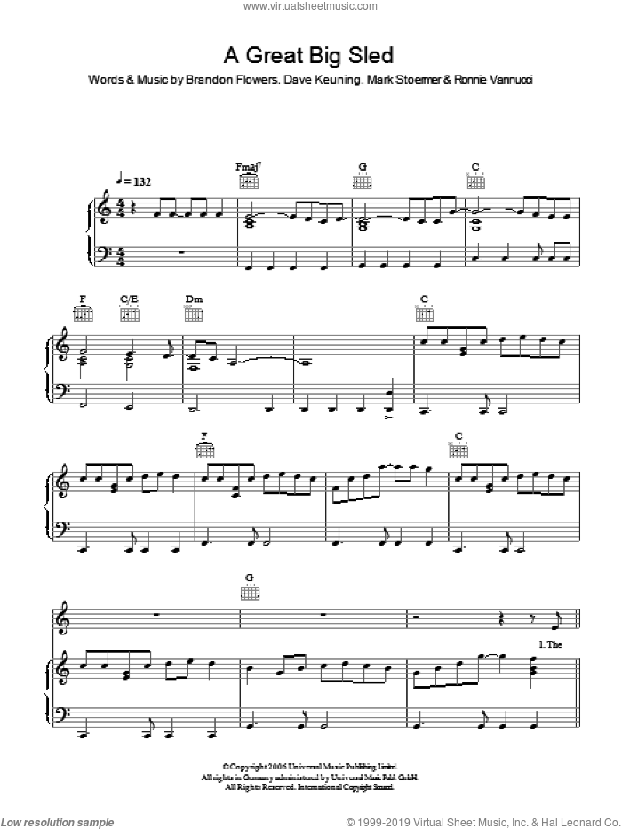 A Great Big Sled sheet music for voice, piano or guitar by The Killers, Brandon Flowers, Dave Keuning, Mark Stoermer and Ronnie Vannucci, intermediate skill level