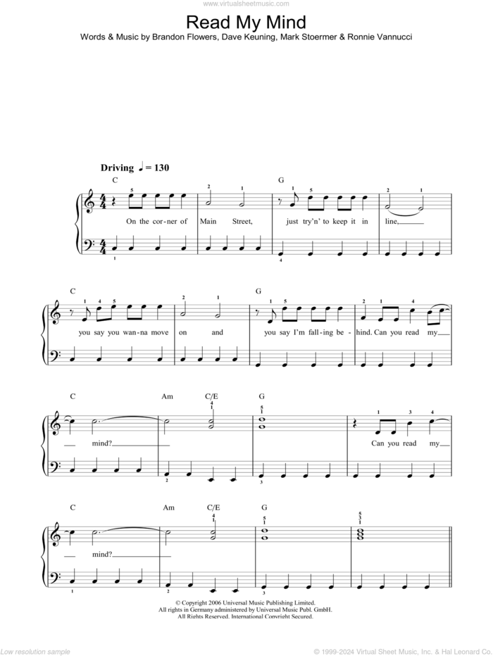 Read My Mind sheet music for piano solo by The Killers, Brandon Flowers, Dave Keuning, Mark Stoermer and Ronnie Vannucci, easy skill level