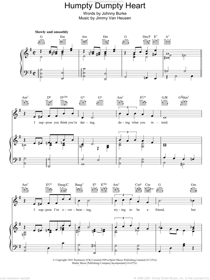 Humpty Dumpty Heart sheet music for voice, piano or guitar by Jimmy Van Heusen and John Burke, intermediate skill level