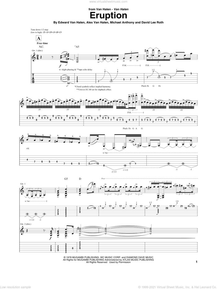 Eruption sheet music for guitar (tablature) by Edward Van Halen, Alex Van Halen and David Lee Roth, intermediate skill level