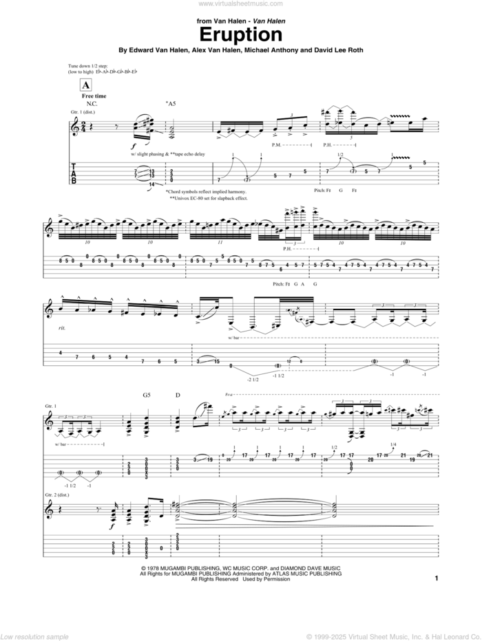 Eruption sheet music for guitar (tablature) by Edward Van Halen, Alex Van Halen and David Lee Roth, intermediate skill level