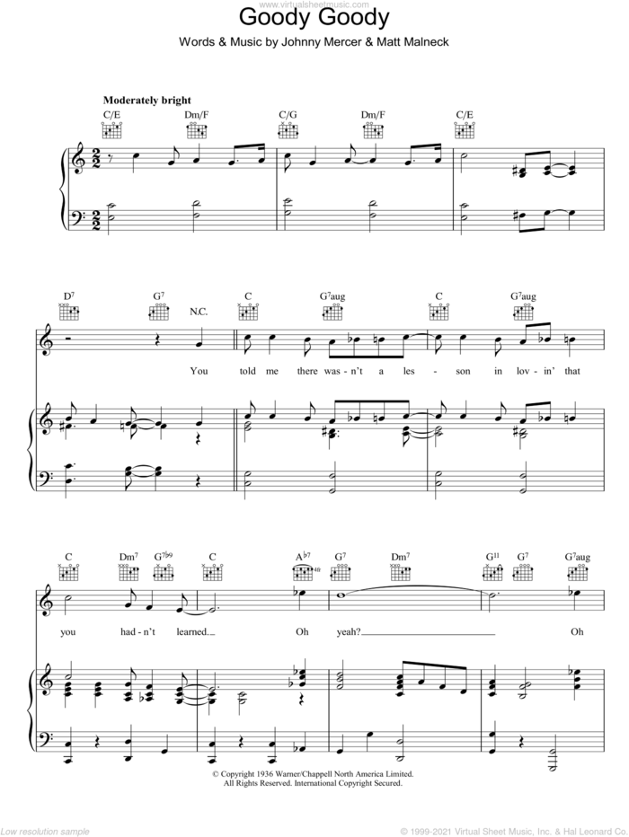 Goody Goody sheet music for voice, piano or guitar by Johnny Mercer and Matt Malneck, intermediate skill level