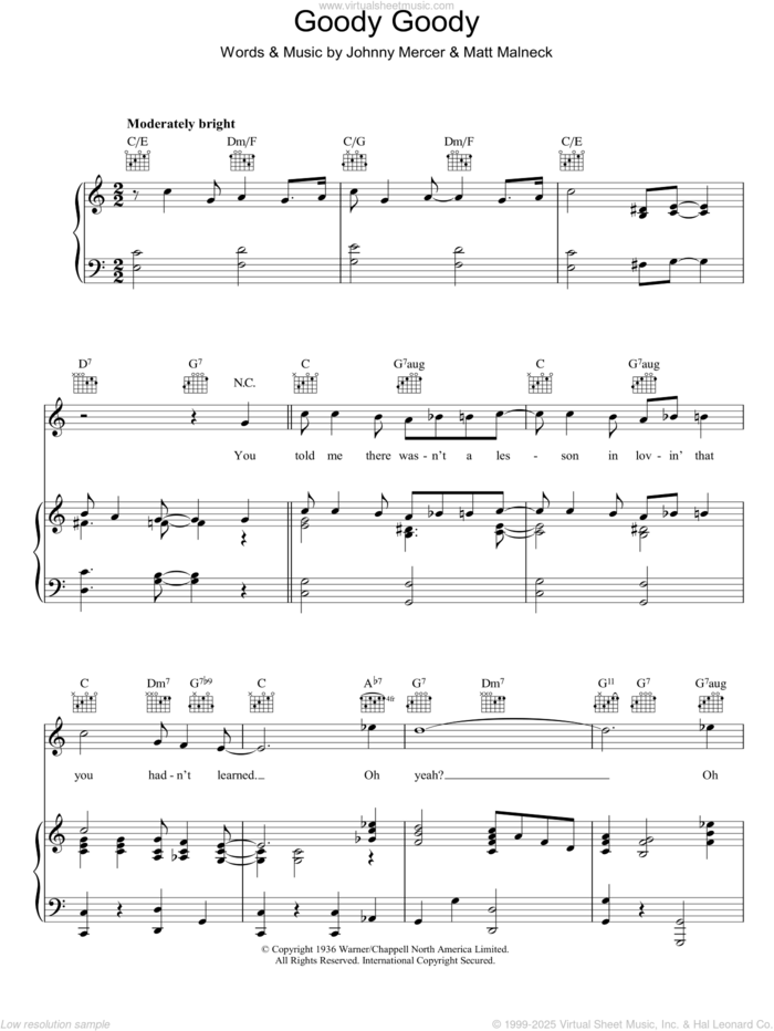 Goody Goody sheet music for voice, piano or guitar by Johnny Mercer and Matt Malneck, intermediate skill level