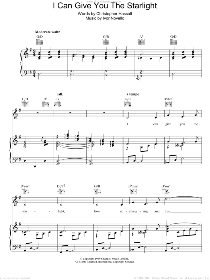 I Can Give You The Starlight sheet music for voice, piano or guitar by Christopher Hassall and Ivor Novello, intermediate skill level