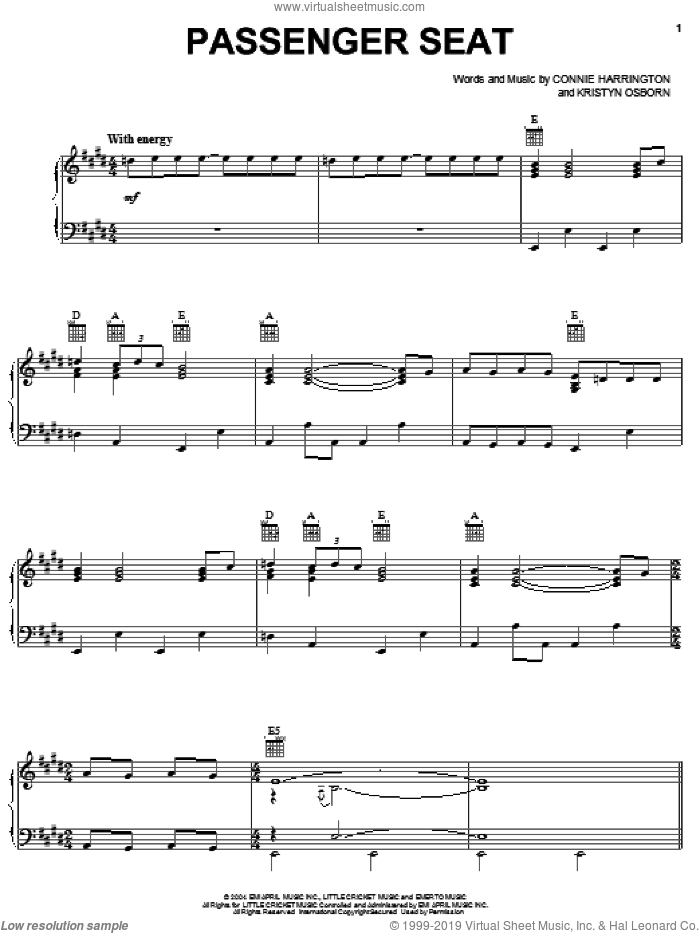 Passenger Seat sheet music for voice, piano or guitar by SHeDAISY, Connie Harrington and Kristyn Osborn, intermediate skill level
