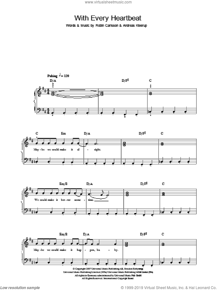 With Every Heartbeat sheet music for piano solo by Robyn, Andreas Kleerup and Robin Carlsson, easy skill level