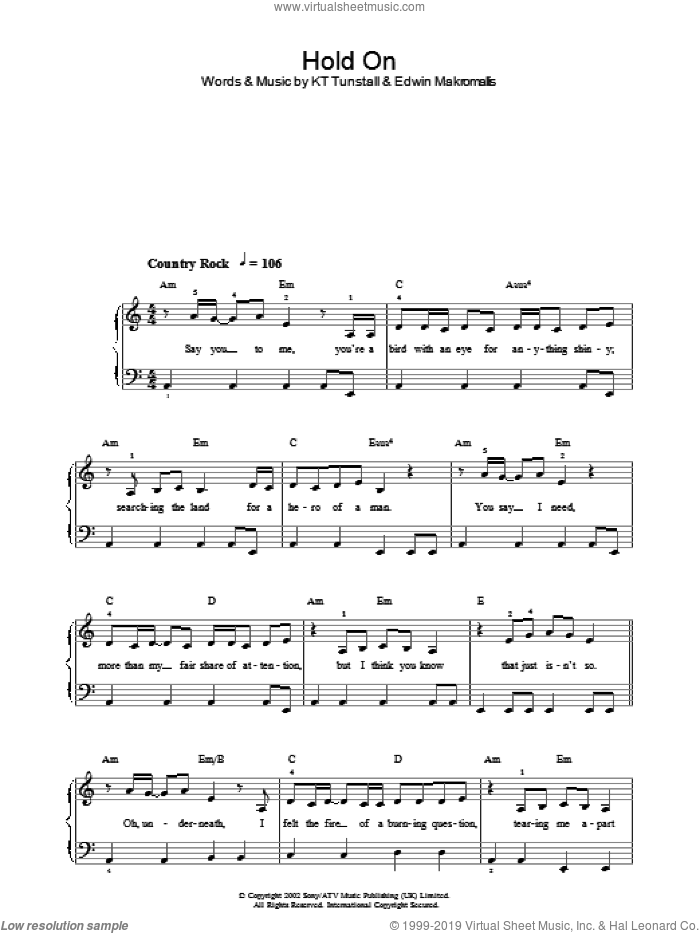 Hold On sheet music for piano solo by KT Tunstall and Edwin Makromallis, easy skill level