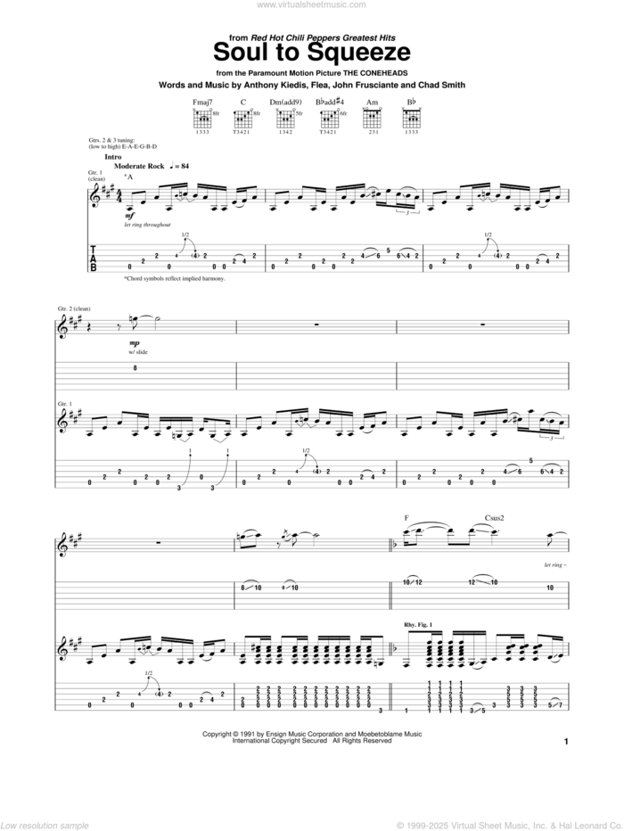 Soul To Squeeze sheet music for guitar (tablature) by Red Hot Chili Peppers, Anthony Kiedis, Flea and John Frusciante, intermediate skill level