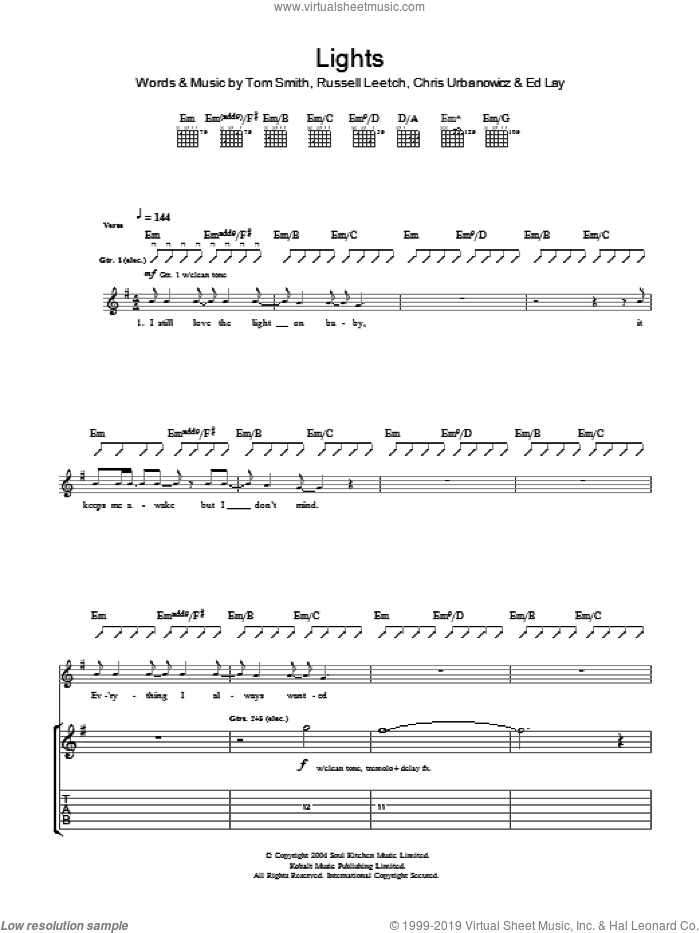 Lights sheet music for guitar (tablature) by Editors, Chris Urbanowicz, Ed Lay, Russell Leetch and Tom Smith, intermediate skill level