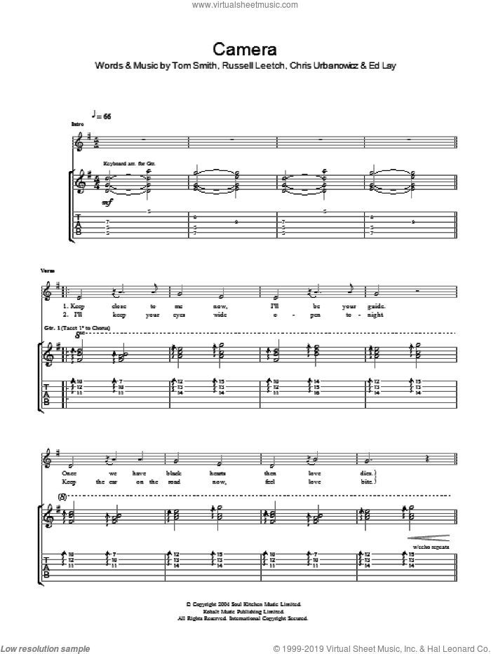 Camera sheet music for guitar (tablature) by Editors, Chris Urbanowicz, Ed Lay, Russell Leetch and Tom Smith, intermediate skill level