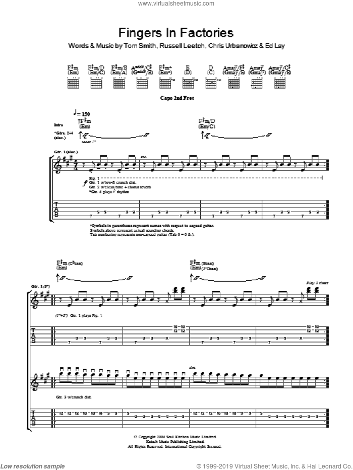 Fingers In The Factories sheet music for guitar (tablature) by Editors, Chris Urbanowicz, Ed Lay, Russell Leetch and Tom Smith, intermediate skill level