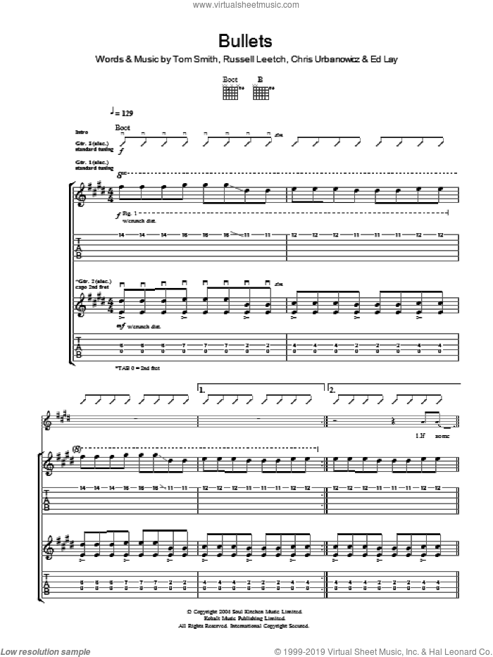Bullets sheet music for guitar (tablature) by Editors, Chris Urbanowicz, Ed Lay, Russell Leetch and Tom Smith, intermediate skill level