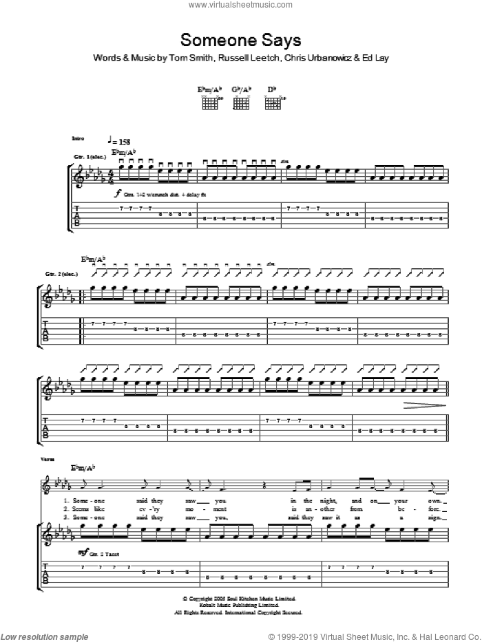 Someone Says sheet music for guitar (tablature) by Editors, Chris Urbanowicz, Ed Lay, Russell Leetch and Tom Smith, intermediate skill level