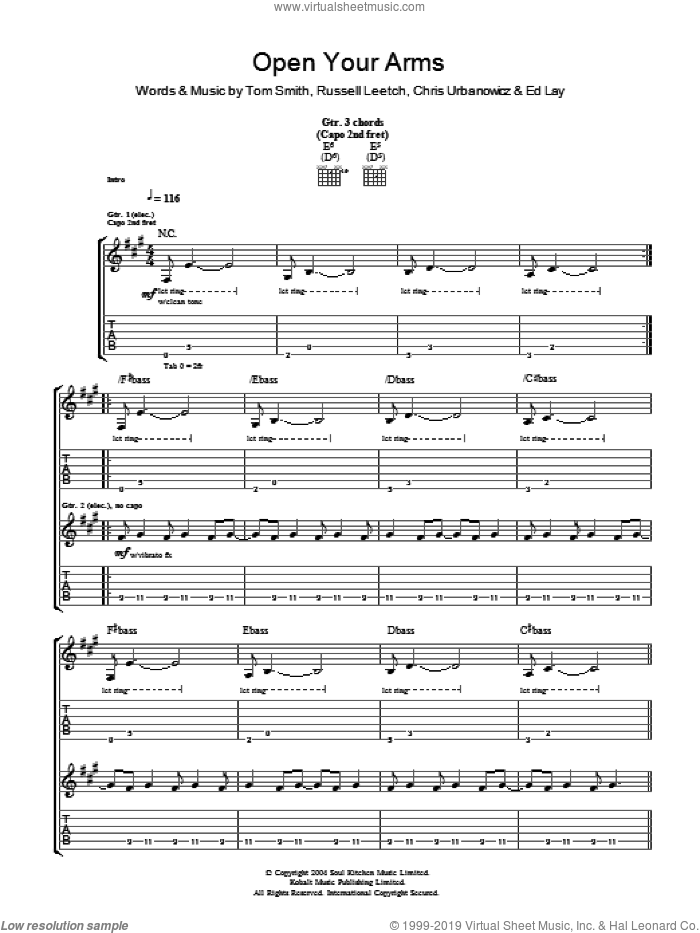 Open Your Arms sheet music for guitar (tablature) by Editors, Chris Urbanowicz, Ed Lay, Russell Leetch and Tom Smith, intermediate skill level