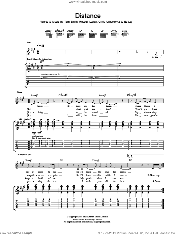 Distance sheet music for guitar (tablature) by Editors, Chris Urbanowicz, Ed Lay, Russell Leetch and Tom Smith, intermediate skill level