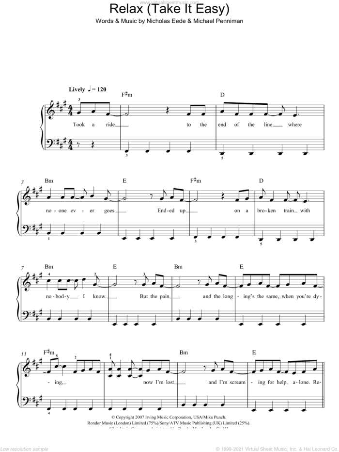 Relax (Take It Easy) sheet music for piano solo by Mika, Michael Penniman and Nick van Eede, easy skill level