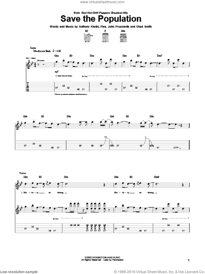 Save The Population sheet music for guitar (tablature) by Red Hot Chili Peppers, Anthony Kiedis, Flea and John Frusciante, intermediate skill level
