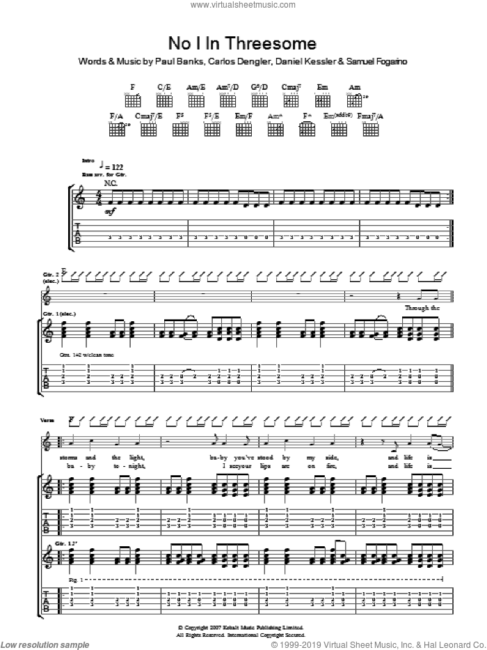 No I In Threesome sheet music for guitar (tablature) by Interpol, Carlos Dengler, Daniel Kessler, Paul Banks and Samuel Fogarino, intermediate skill level