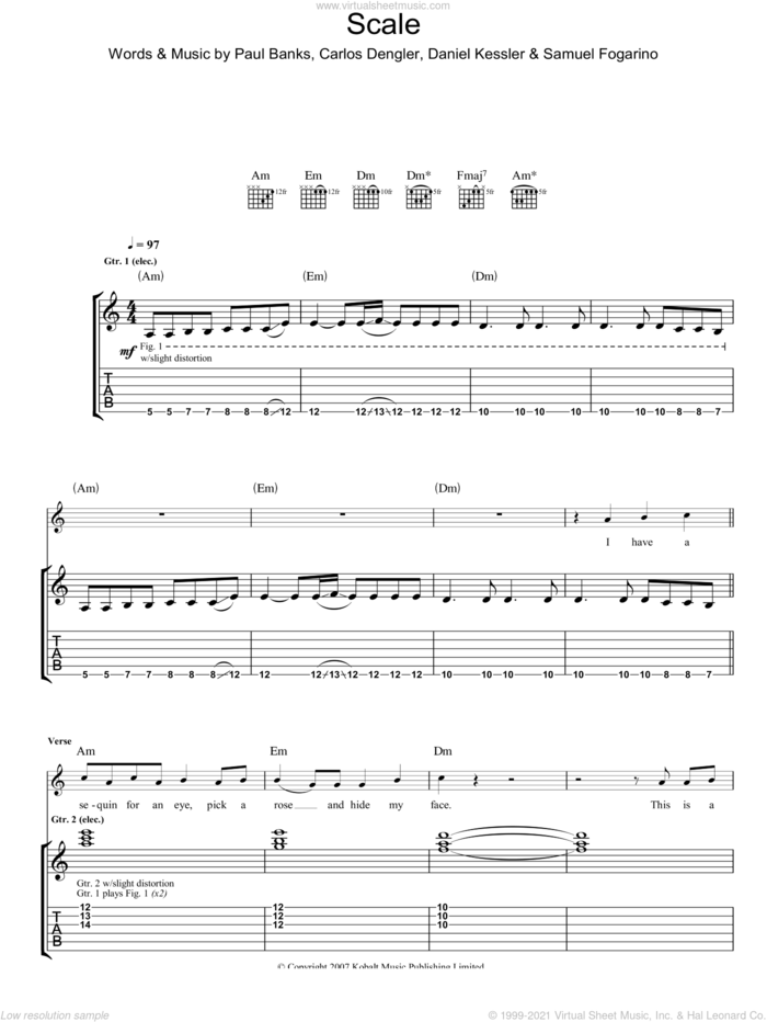 The Scale sheet music for guitar (tablature) by Interpol, Carlos Dengler, Daniel Kessler, Paul Banks and Samuel Fogarino, intermediate skill level