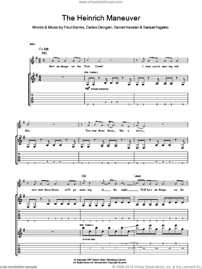 The Heinrich Maneuver sheet music for guitar (tablature) by Interpol, Carlos Dengler, Daniel Kessler, Paul Banks and Samuel Fogarino, intermediate skill level