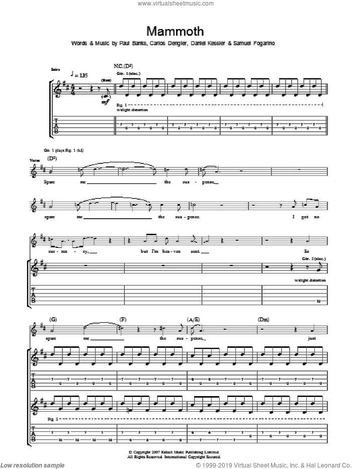Mammoth sheet music for guitar (tablature) by Interpol, Carlos Dengler, Daniel Kessler, Paul Banks and Samuel Fogarino, intermediate skill level