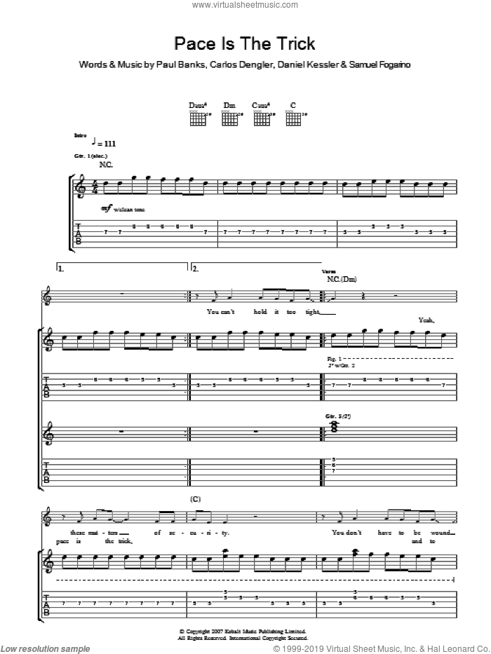 Pace Is The Trick sheet music for guitar (tablature) by Interpol, Carlos Dengler, Daniel Kessler, Paul Banks and Samuel Fogarino, intermediate skill level