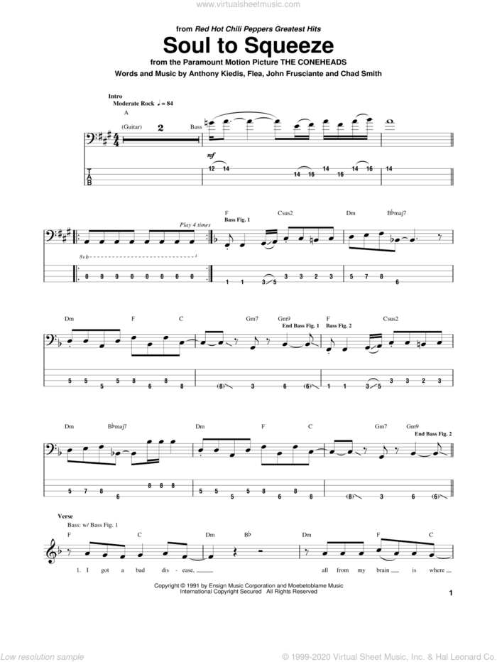 Soul To Squeeze sheet music for bass (tablature) (bass guitar) by Red Hot Chili Peppers, Anthony Kiedis, Flea and John Frusciante, intermediate skill level